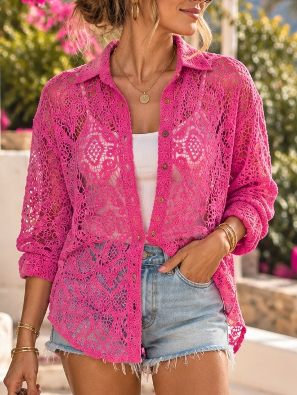 Free People Until Sundown Hot Pink Crochet Lace Shirt M Boho Cover Up EUC